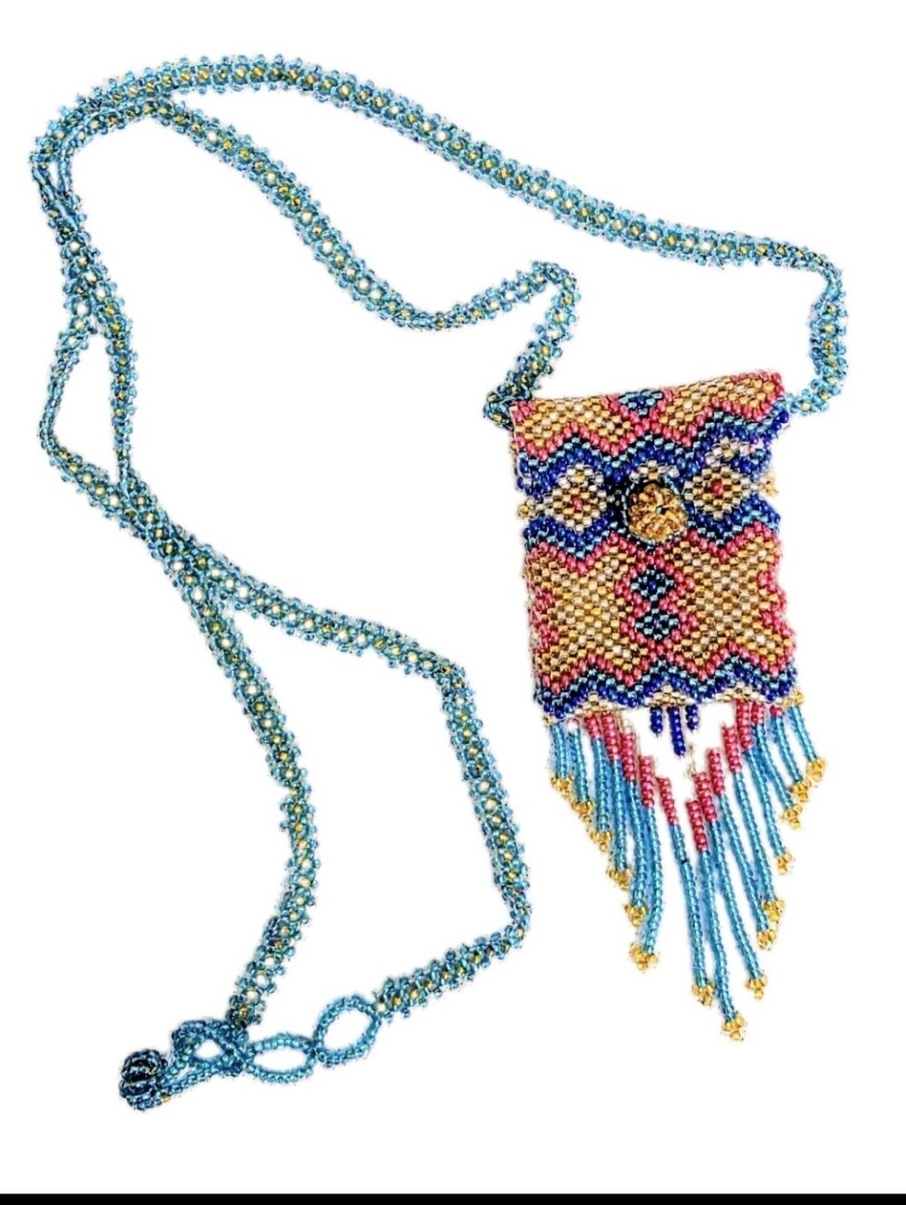 Beaded Pouch Necklace Pouch Fringed Bohemian Jewelry Colorful Statement Piece